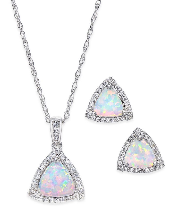 Macy's - Lab-Created Opal (7/8 ct. t.w.) and White Sapphire (1/3 ct. t.w.) Pendant Necklace and Matching Stud Earrings in Sterling Silver