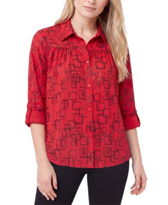 Petite 3/4-Sleeve Roll-Tab Button-Up Top