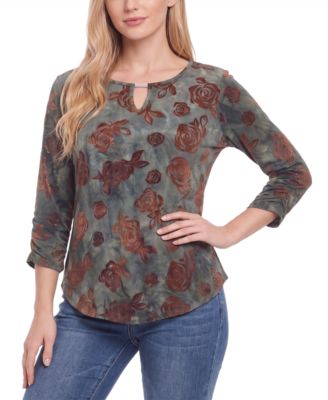 Petite 3/4-Sleeve Tie-Dye Keyhole Blouse