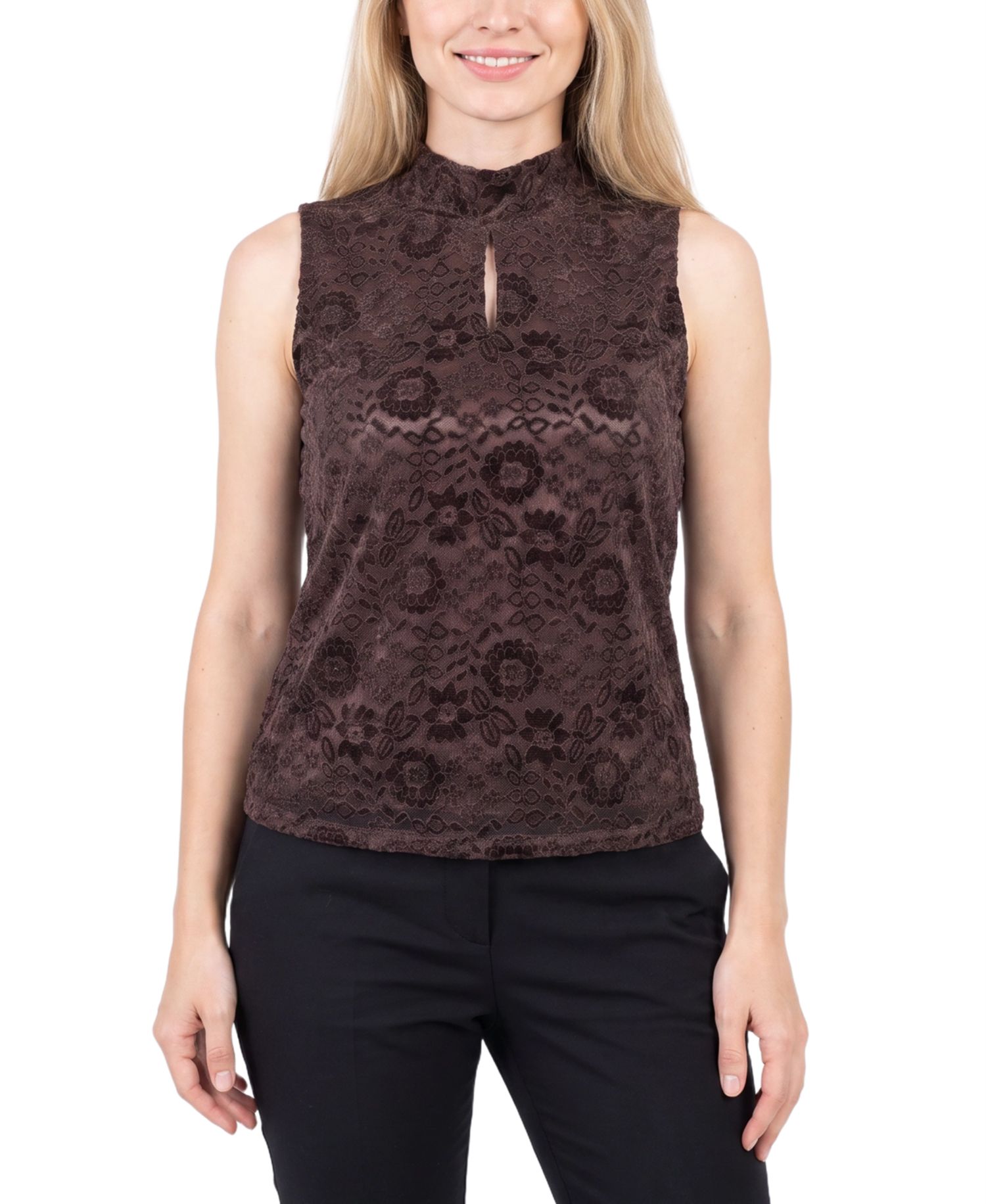 Petite Floral-Lace Mock-Neck Tank Top