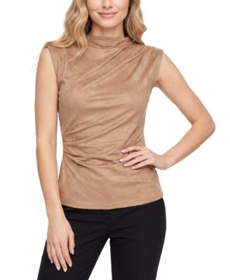 Petite Sleeveless Mock-Neck Faux-Suede Blouse
