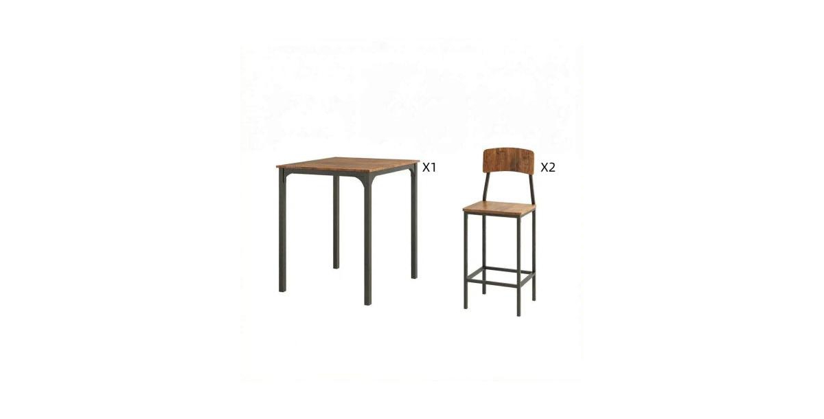 Flynama 3-Piece Industrial Dining Set, Square Mdf Table and 2 Space-Saving Stools - Walnut  black