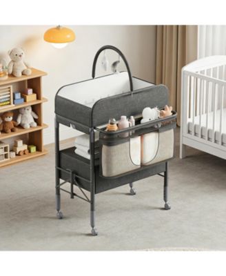 Mobile Foldable Baby Changing Table, Adjustable Height Diaper Change Station with Waterproof Surface & Drawers, Nursery Organizer for Infants