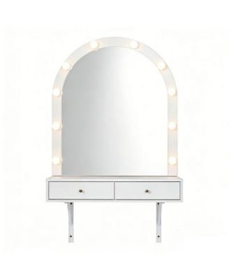 Floating Wall Mounted Vanity Desk with LED Mirror, 3 Color Lights, Power Outlet and USB, Large Storage