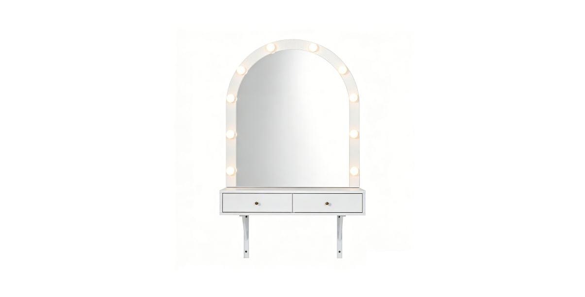 flynama Floating Wall Mounted Vanity Desk with Led Mirror, 3 Color Lights, Power Outlet and Usb, Large Storage - White.