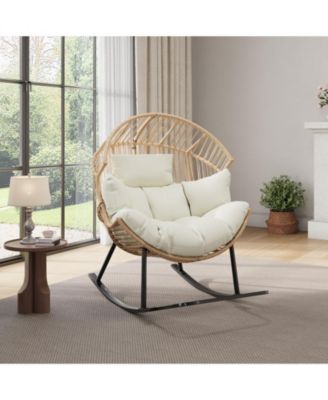 Wicker Rocking Egg Chair, Oversized Ergonomic Rattan Lounge Rocker with Soft Cushion for Indoor and Outdoor, Cream Cushion  Chairs