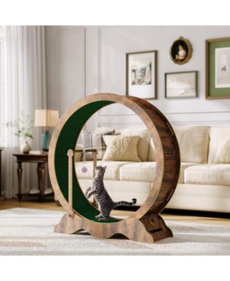 45" Wood Cat Exercise Wheel with Lock, Ball and Treadmill for Indoor Cats