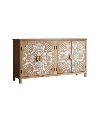 Wood Carved Floral Accent Cabinet 60 Inch With Four Doors