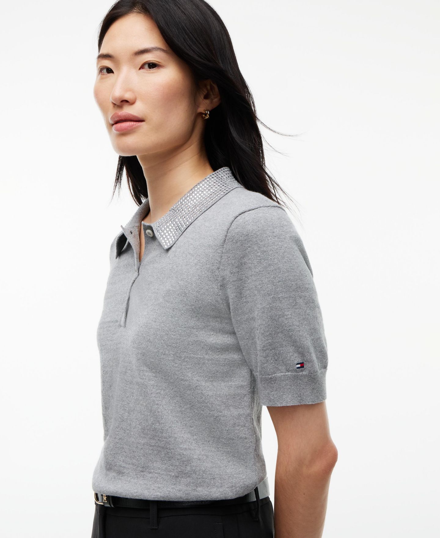 Женское поло Tommy Hilfiger Bling Fine Gauge Knit Polo, цвет: Средний серый меланжевый — фото 3