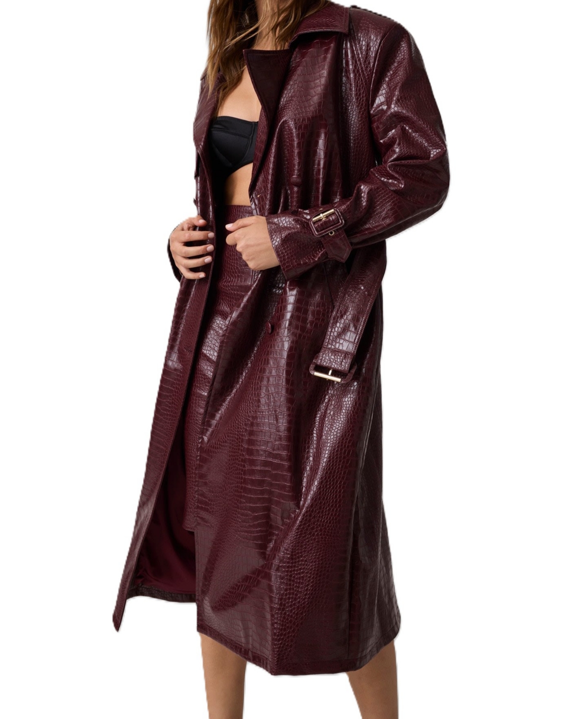 Guess Women's Long Belted Trench Faux Leather Coat