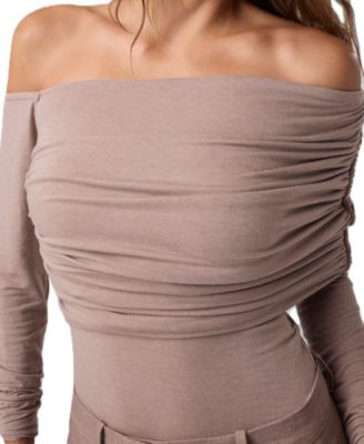 Women's Asymetric Drapery Long Sleeve Off Shoulder Bodysuit