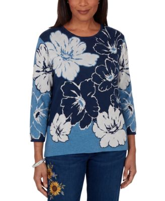 Petite Floral-Print 3/4-Sleeve Crewneck Sweater