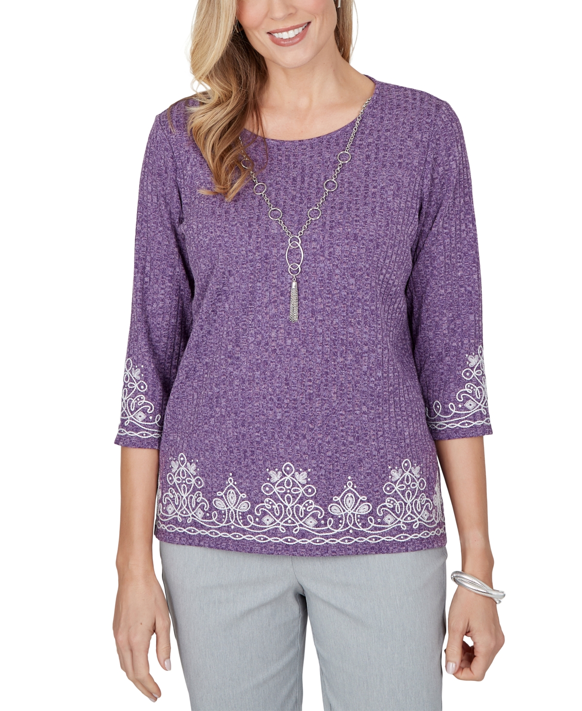 Alfred Dunner Petite 3/4-sleeve Embroidered Side-slit Blouse In Amthyst