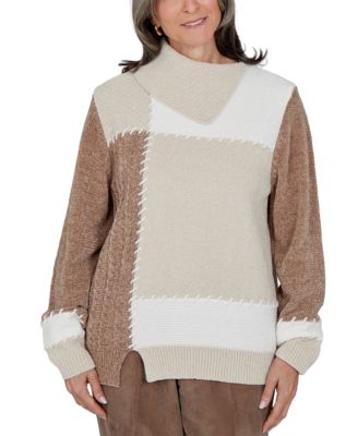 Petite Cowl Neck Cable-Knit Colorblock Pullover Sweater