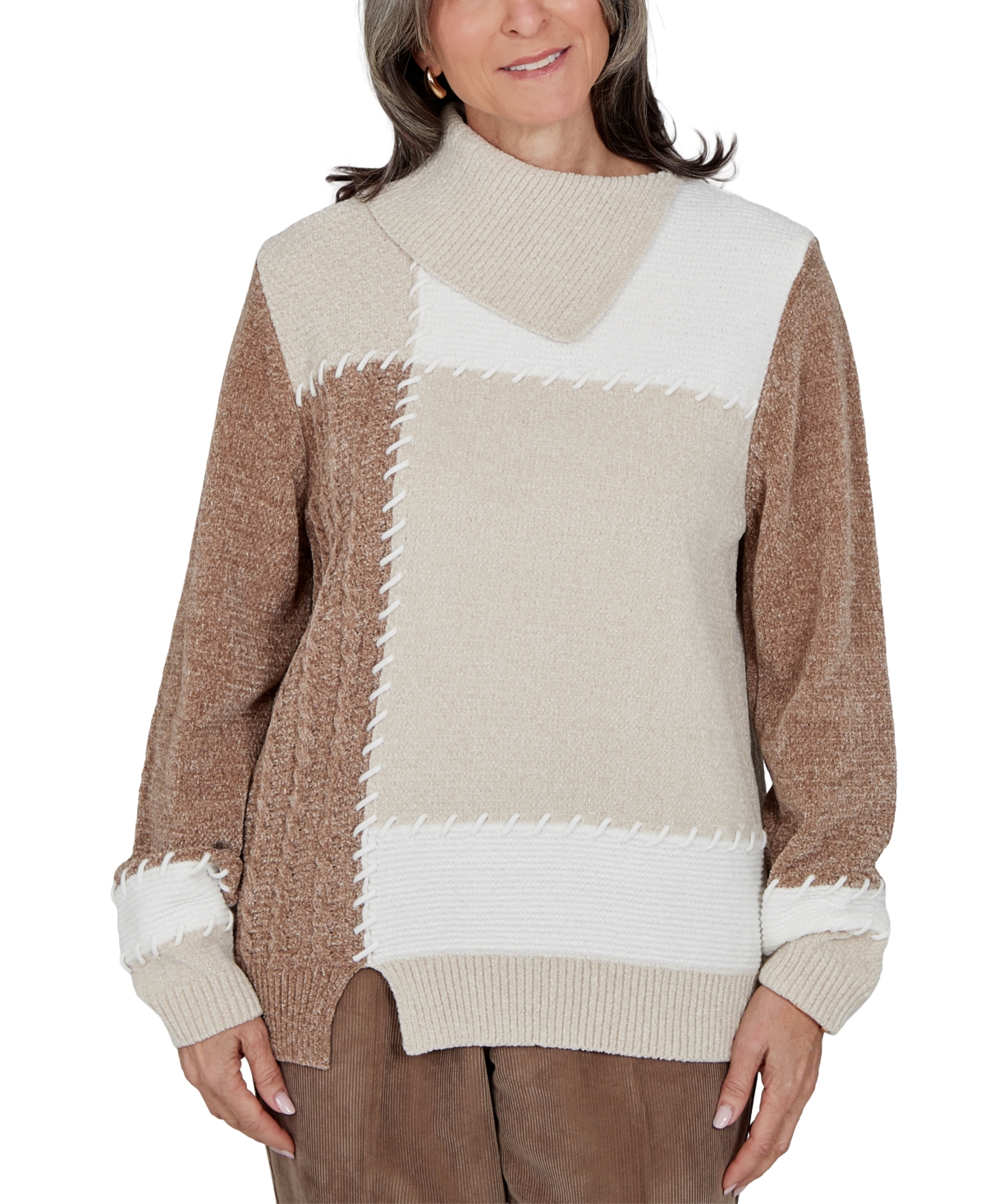 Alfred Dunner Petite Cowl Neck Cable-knit Colorblock Pullover Sweater In Multi