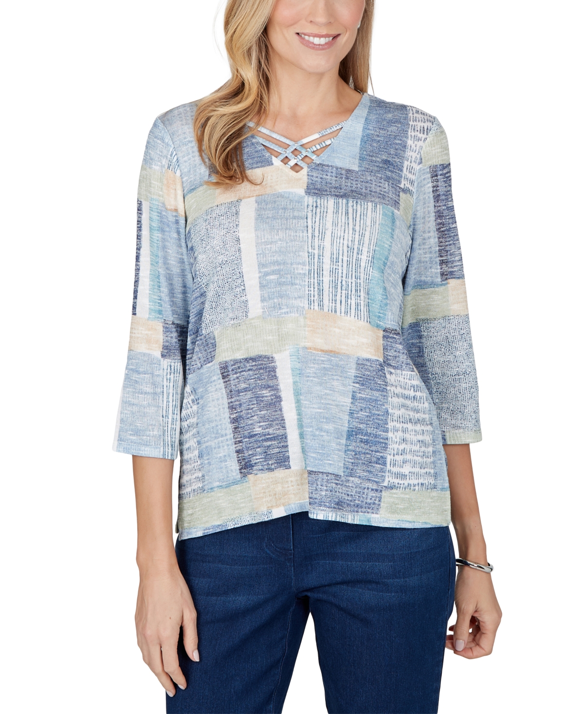 Alfred Dunner Petite 3/4-Sleeve V-Neck Side-Slit Blouse