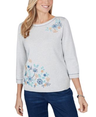 Petite Boat-Neck 3/4-Sleeve Cotton-Blend Sweater