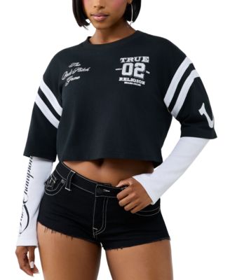 Women's Crystal Sporty Graphic Cropped Long-Sleeve T-Shirt