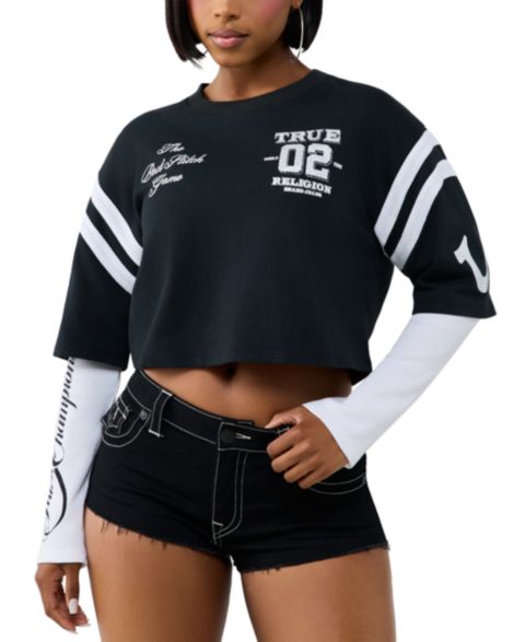 Женская укороченная футболка True Religion Crystal Sporty с принтом и длинным рукавом, цвет: Blackwht