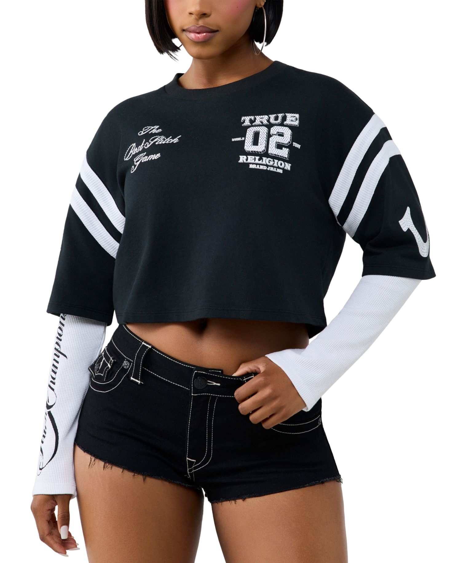 Women's Crystal Sporty Graphic Cropped Long-Sleeve T-Shirt