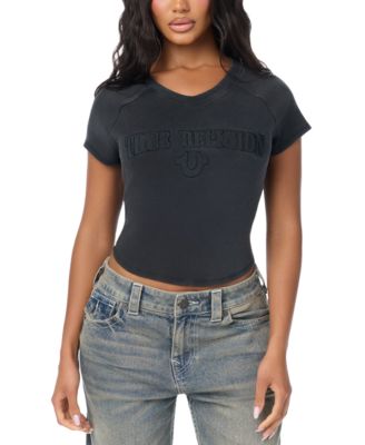 Women's Embroidered Washed Rib Baby Short-Sleeve V-Neck Crop T-Shirt