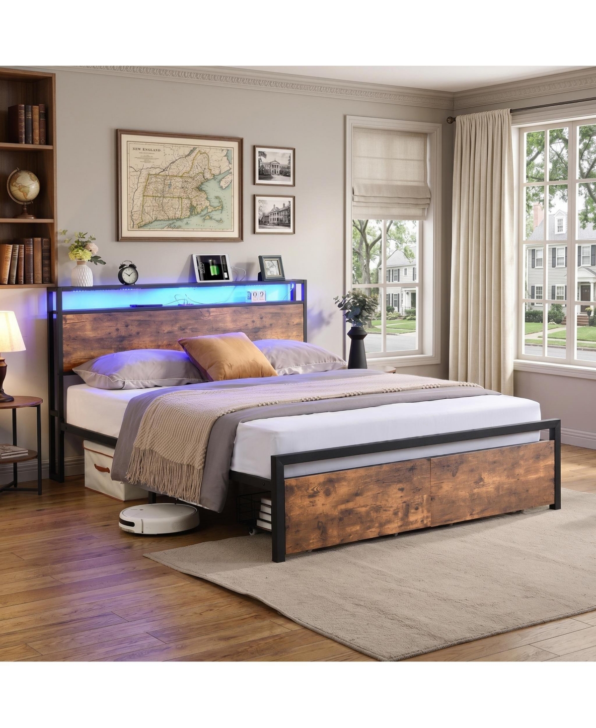Clihome Full Size Bed Frame with Storage Headboard and 2 Drawers, Led Lights Bed with Charging Station, Metal Platform Bed No Noise - Brown