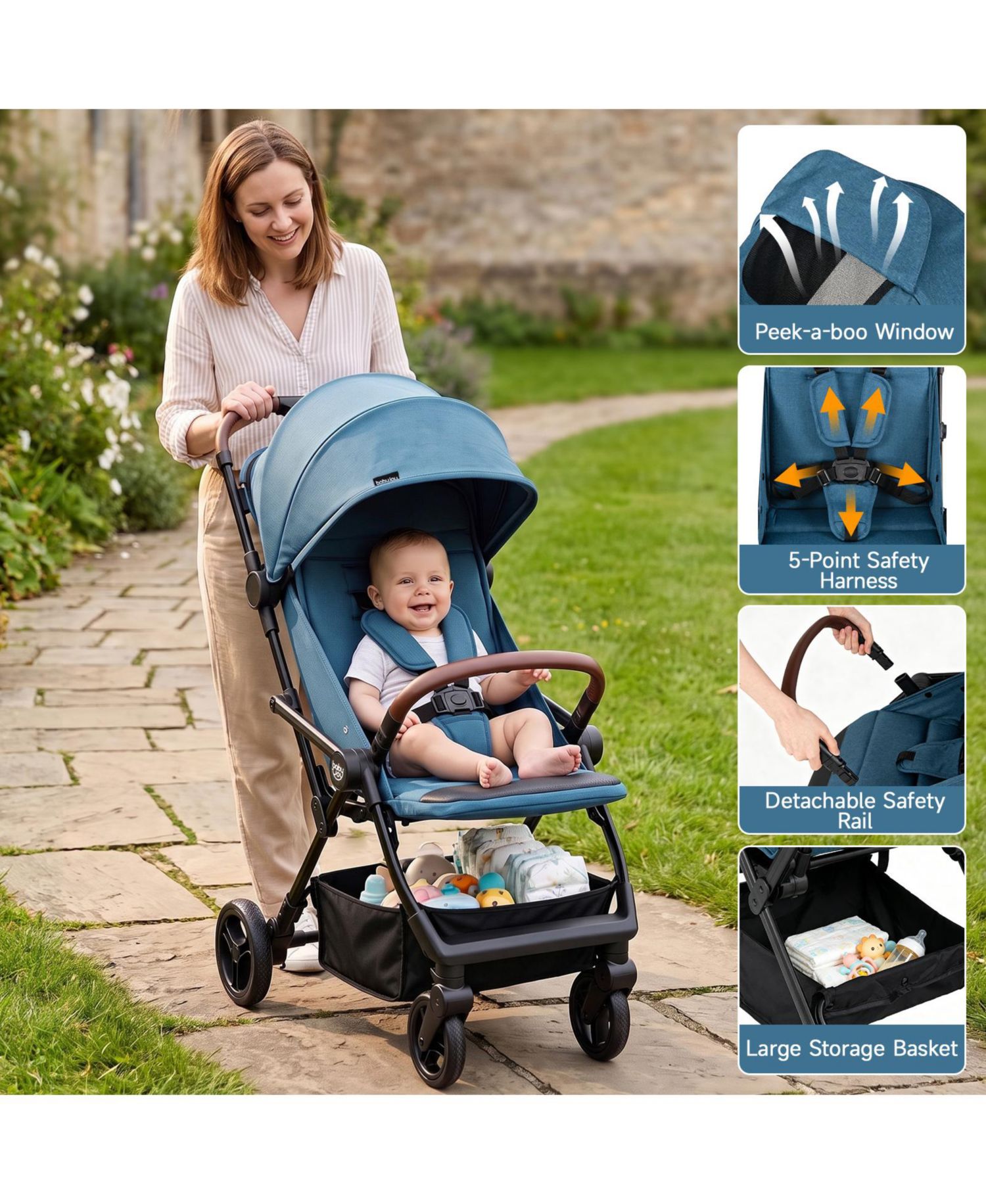 Lightweight Baby Stroller w/One-Hand Folding Adjustable Canopy Backrest Footrest