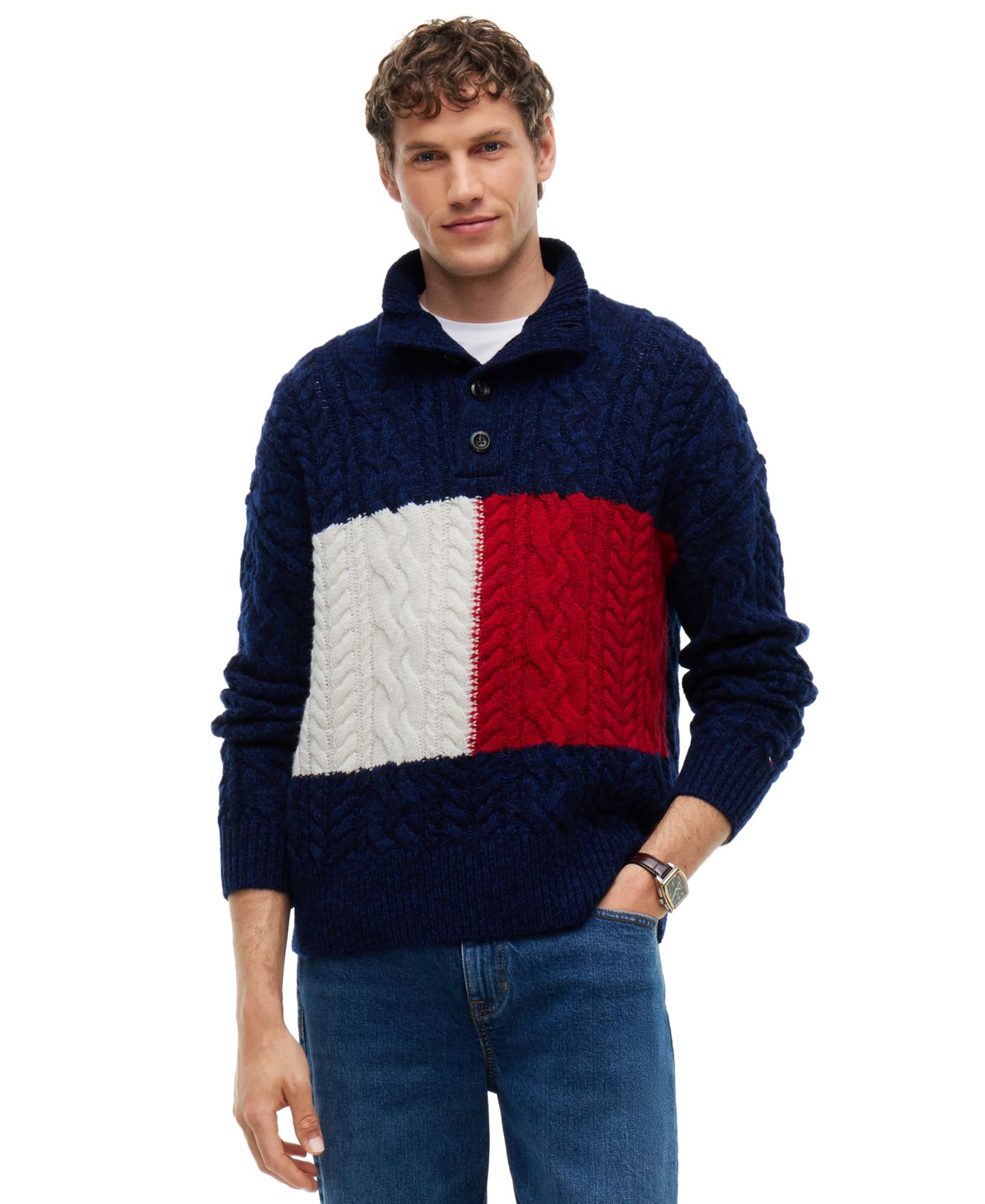 Мужской свитер Tommy Hilfiger косой вязки с воротником-стойкой из смеси шерсти, цвет: Тёмно-синий — фото 1