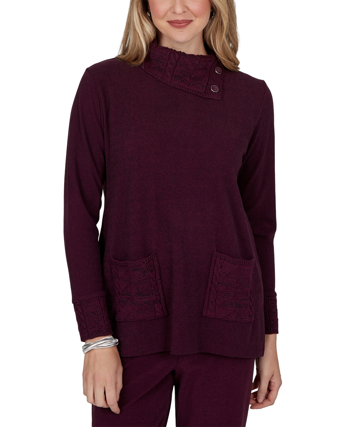 Ruby Rd. Petite Mock Neck Cable-Knit Long-Sleeve Tunic - Mahogany
