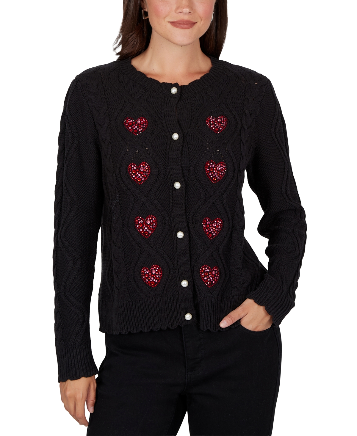 Ruby Rd. Petite Cable-Knit Heart-Embellished Cardigan