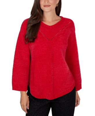 Petite Luster V-Neck Long-Sleeve Pointelle Pullover Sweater