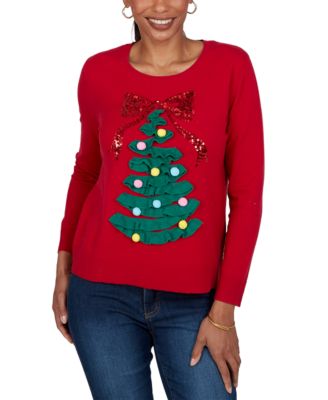 Petite Christmas Tree Applique Long-Sleeve Crewneck Pullover Sweater