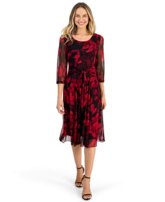 Women's 3/4-Sleeve Scoop Neck Floral-Print A-Line Tie-Waist Midi Dress