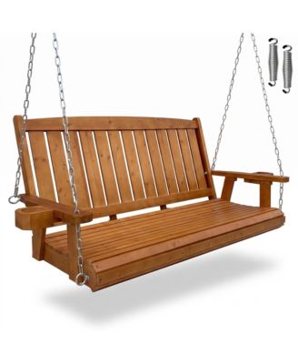 5 FT Extra Large Wooden Porch Swing with Cup Holders, 3-Seater Solid Fir Wood beach, High Backrest and Deep Contoured Seat