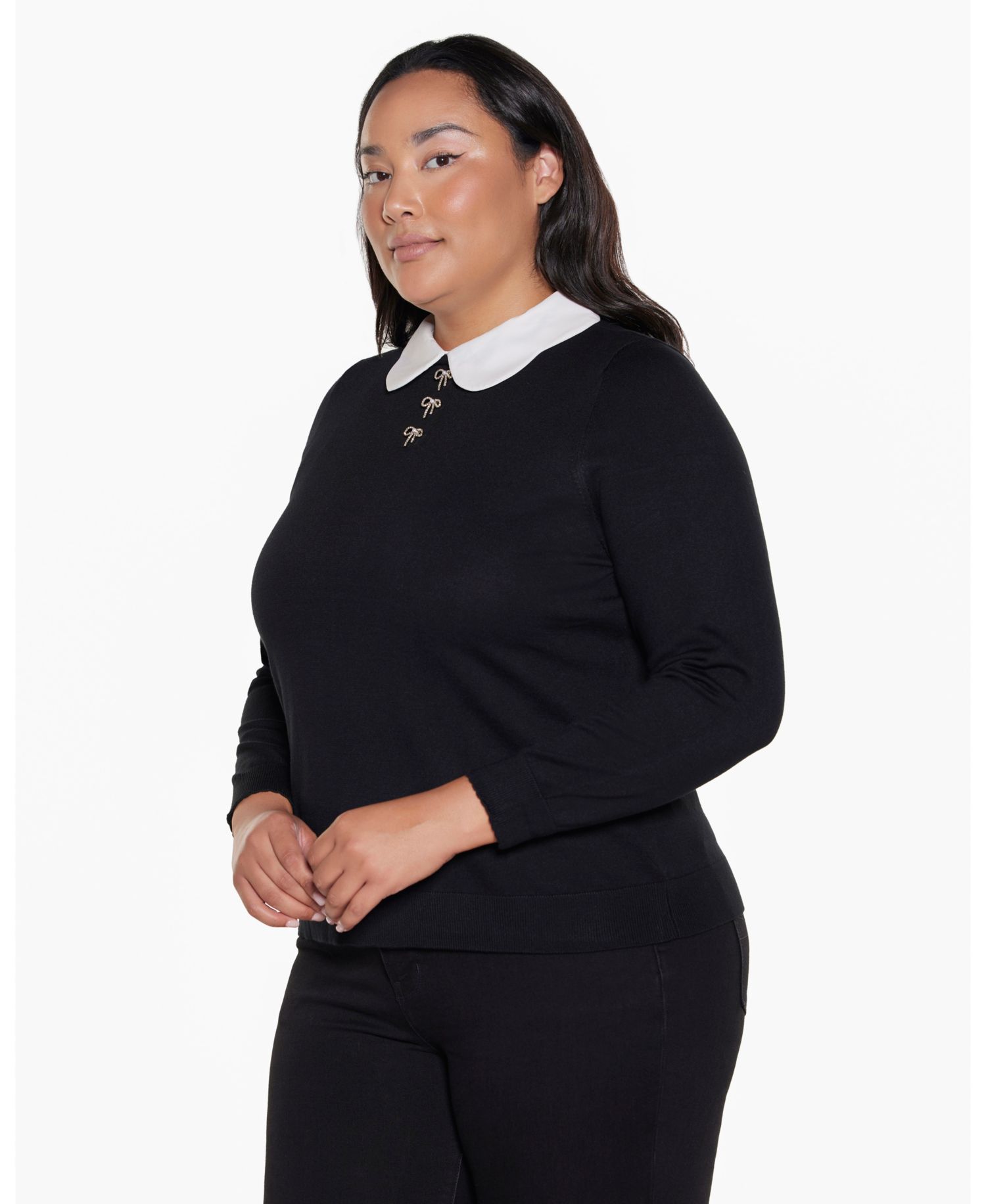 Plus Size Collared Long-Sleeve Bow-Detail Sweater