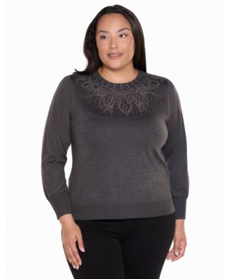 Plus Size Embellished Long-Sleeve Lightweight Sweater