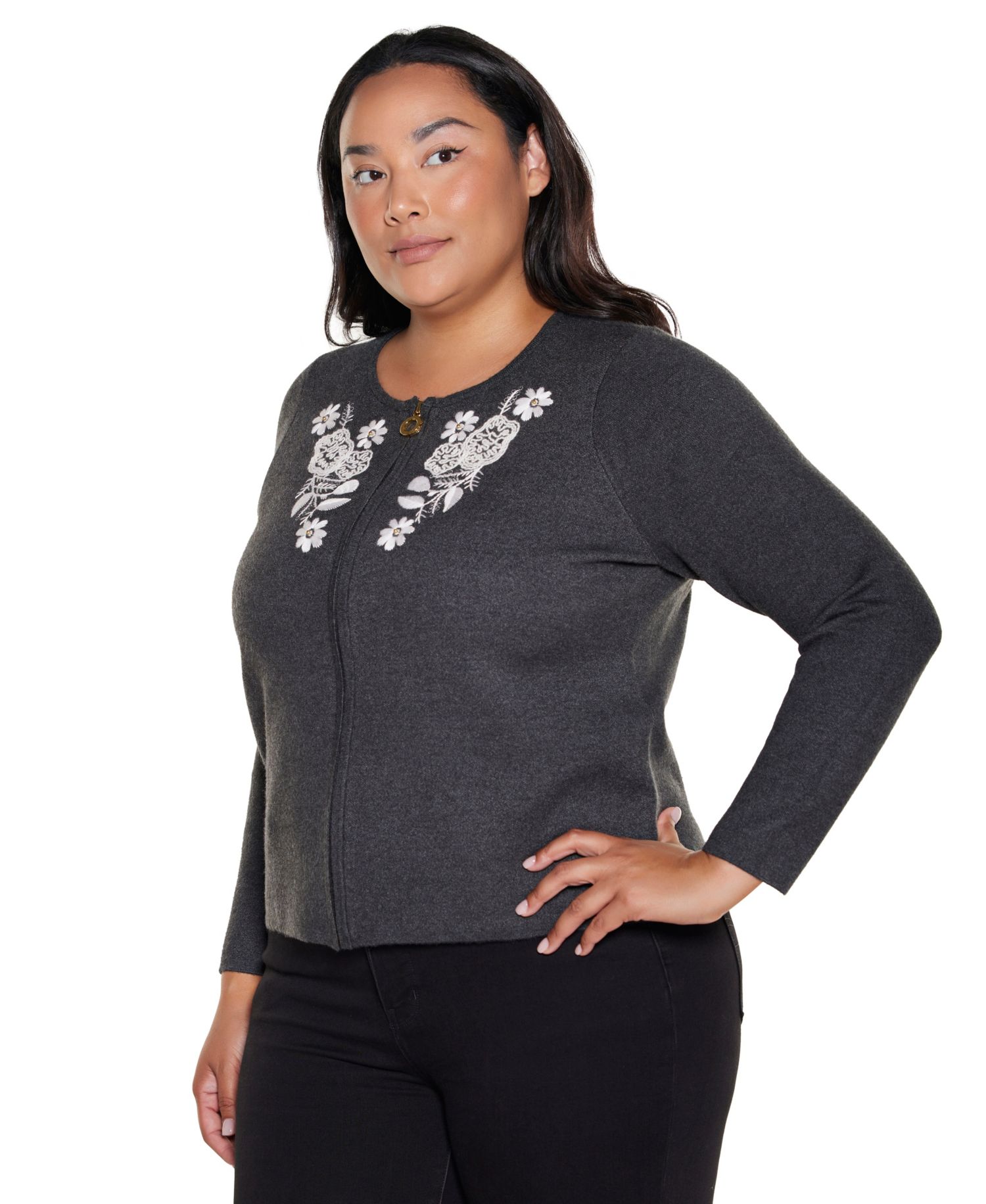 Plus Size Fitted Floral Full-Zip Cardigan
