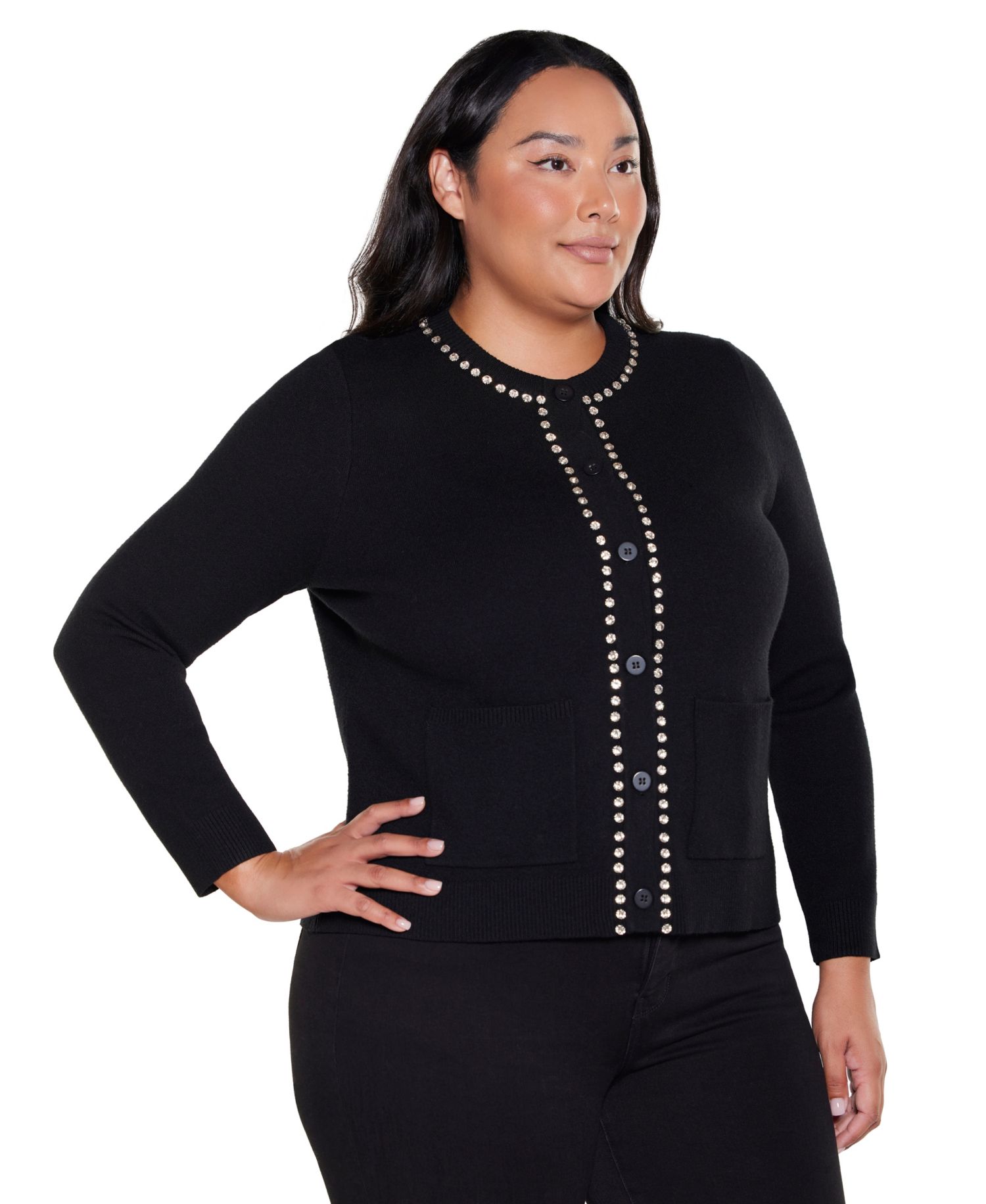 Plus Size Embellished Long-Sleeve Crewneck Cardigan Sweater