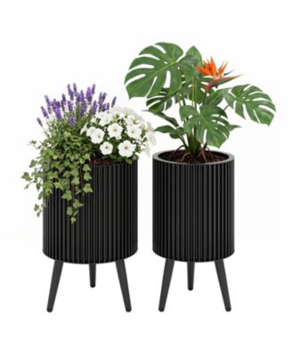 Fluted Metal Planters with Stand and Drainage Holes Set of 2