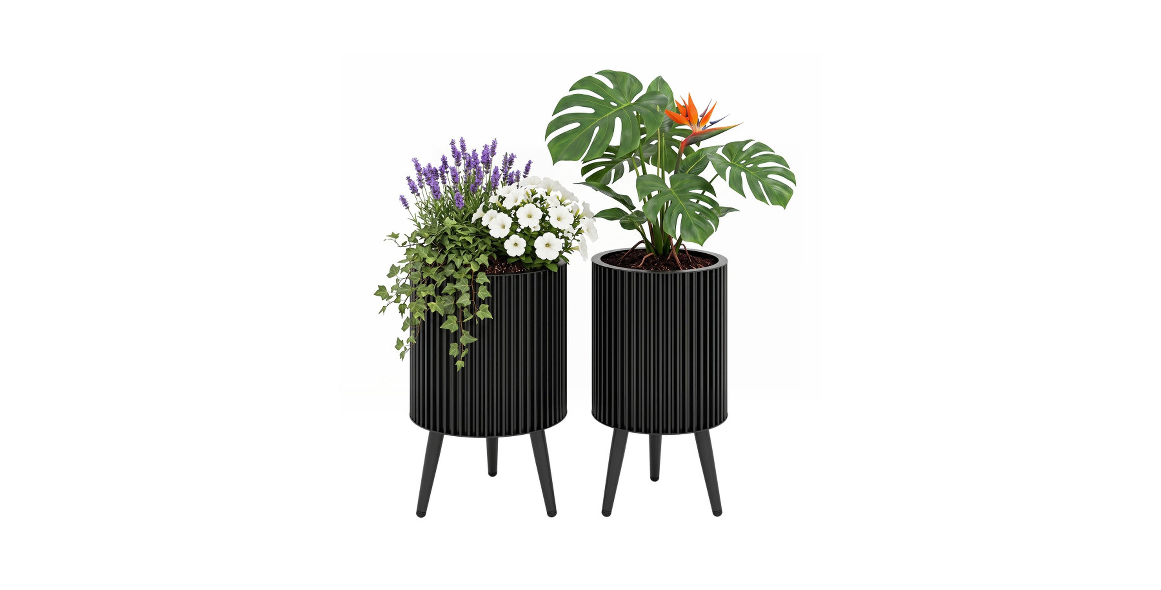 Sugift Fluted Metal Planters with Stand and Drainage Holes Set of 2