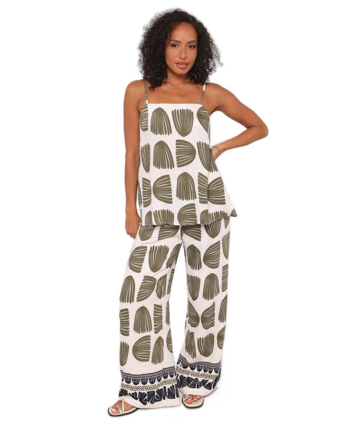 Petal and Pup Women's Brianna Square-Neckline Sleeveless Wide-Leg Top and Pants, 2-Piece Set - Green palm print