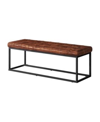 Genuine Leather Mid-Century Ottoman Bench with Iron Frame, Bedroom