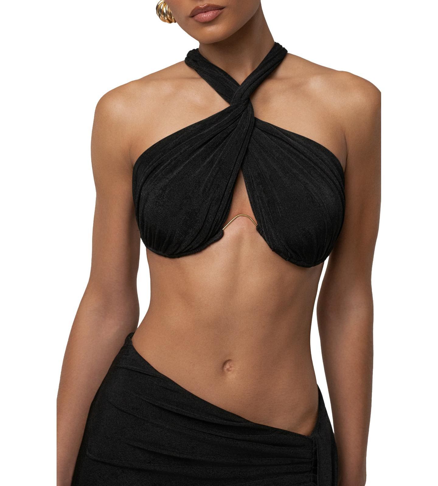Женский комплект JLUXLABEL City After Dark Open-Back Thigh-High Slit Halter Top and Maxi Skirt, 2-Piece Set, цвет: Чёрный — фото 6