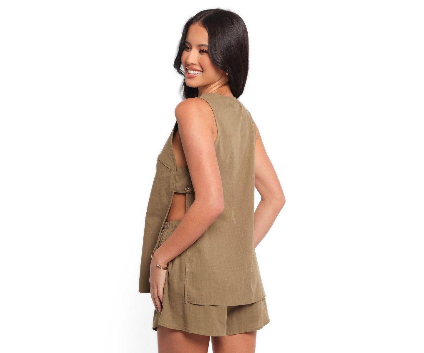 Женский комплект Petal and Pup Miller Sleeveless V-Neck Vest Top and Shorts, 2-Piece Set, цвет: Бежевый — фото 3