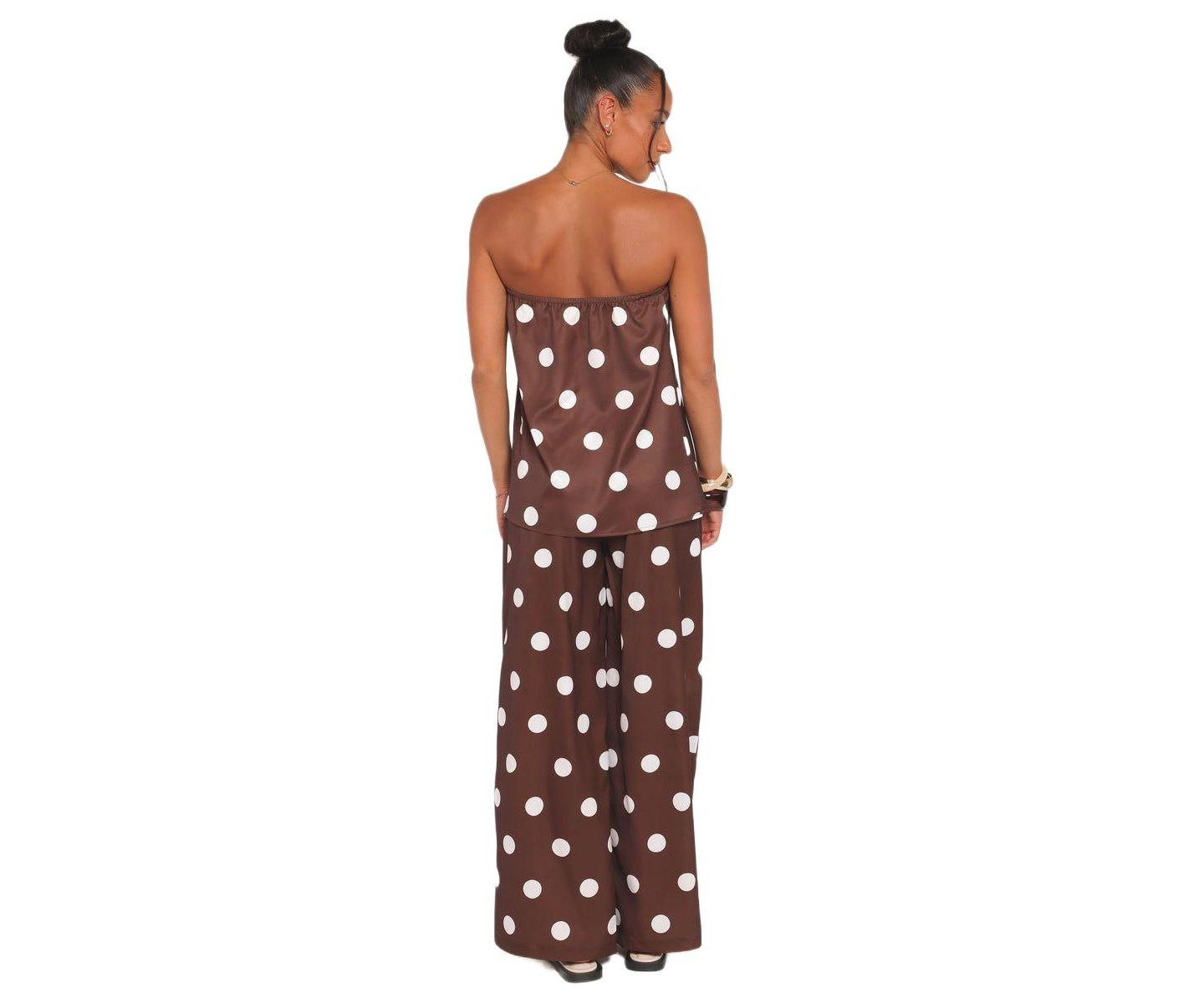 Женский комплект Petal and Pup Brielle Polka-Dot Strapless Wide-Leg Top and Pants, 2-Piece Set, цвет: Коричневый в горошек — фото 3