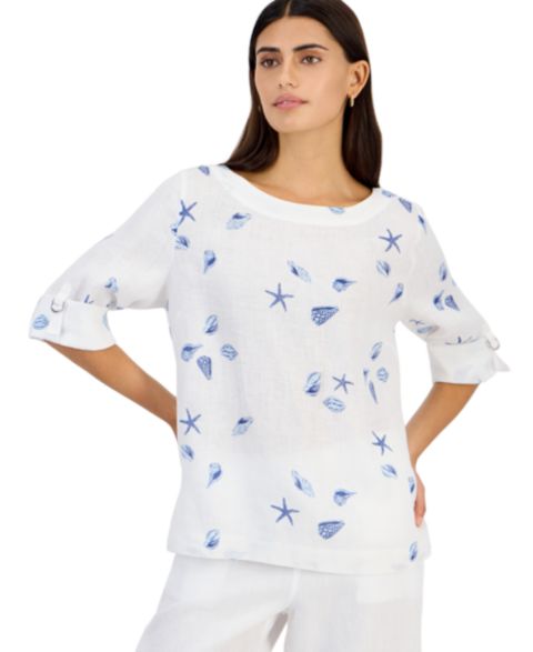Женский топ Charter Club Petite 3/4-Sleeve Scoop Neck Linen, цвет: Ракушечный