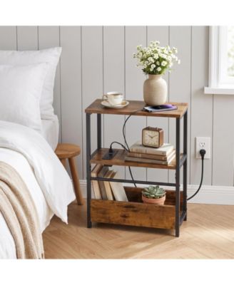 3-Tier End Table with charging station, USB-C and USB ports, plus wood and metal frame for bedroom or living room