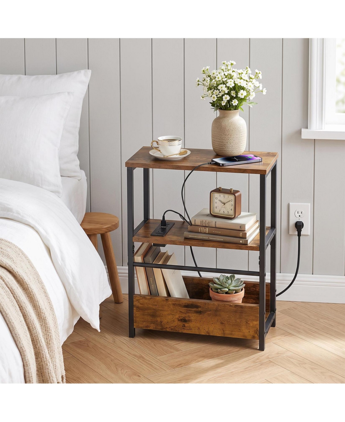 Gaomon 3-Tier End Table with charging station, Usb-c and Usb ports, plus wood and metal frame for bedroom or living room