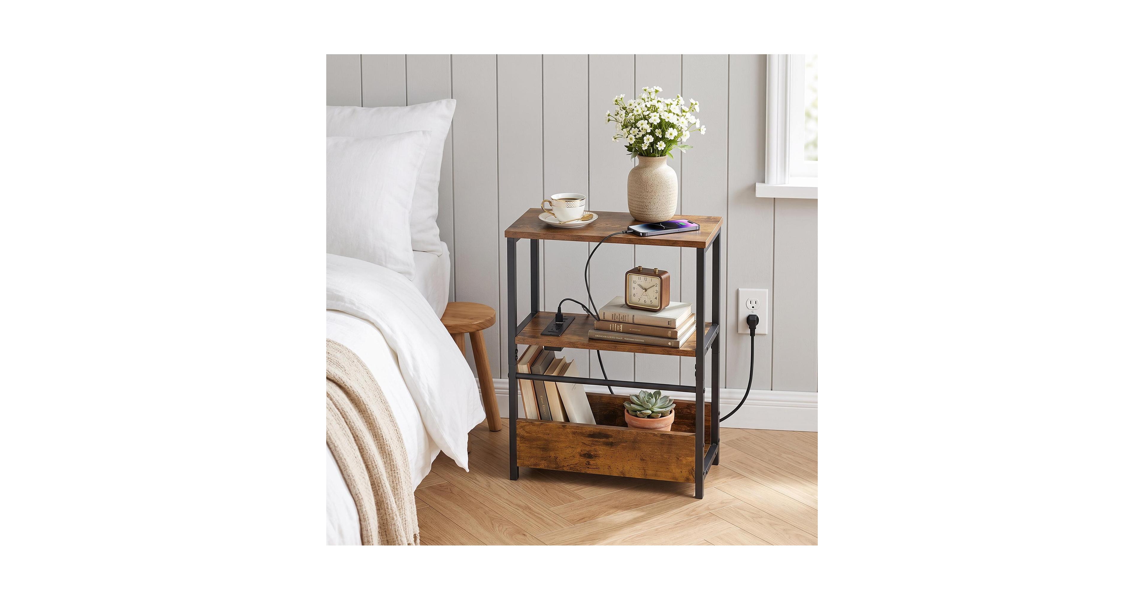 Gaomon 3-Tier End Table with charging station, Usb-c and Usb ports, plus wood and metal frame for bedroom or living room