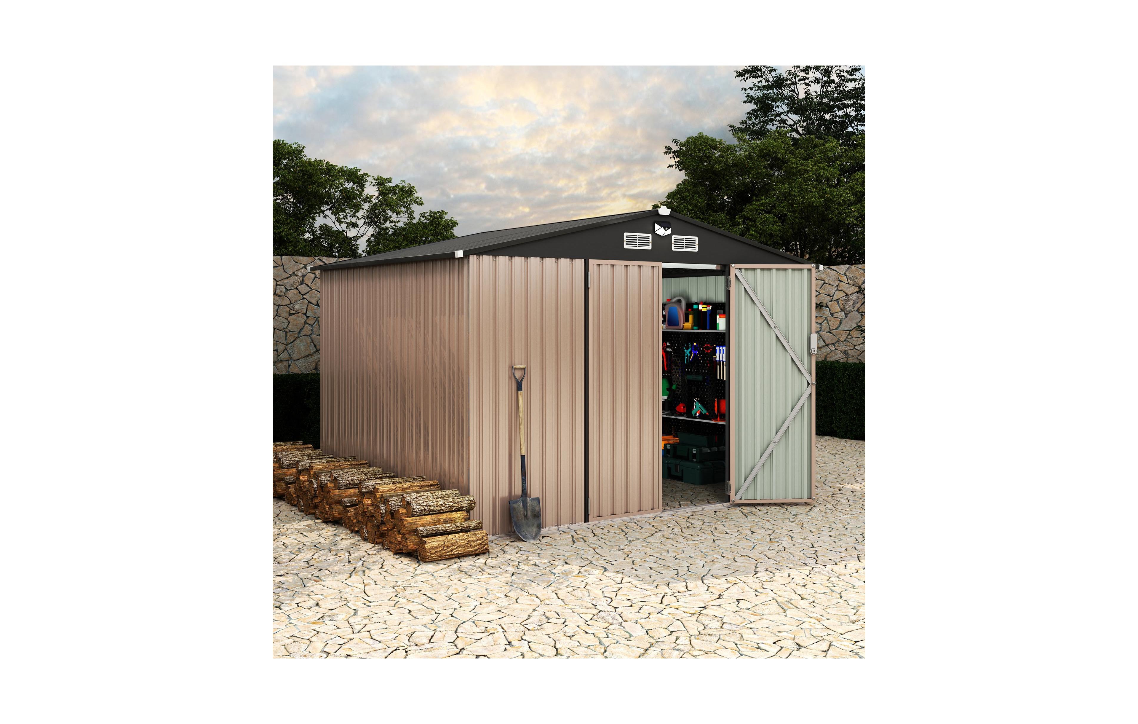 homfan 8 x 10 ft Outdoor Storage Building for Backyard Patio Garden, Heavy-Duty Steel Gable Roof with Motion-Activated